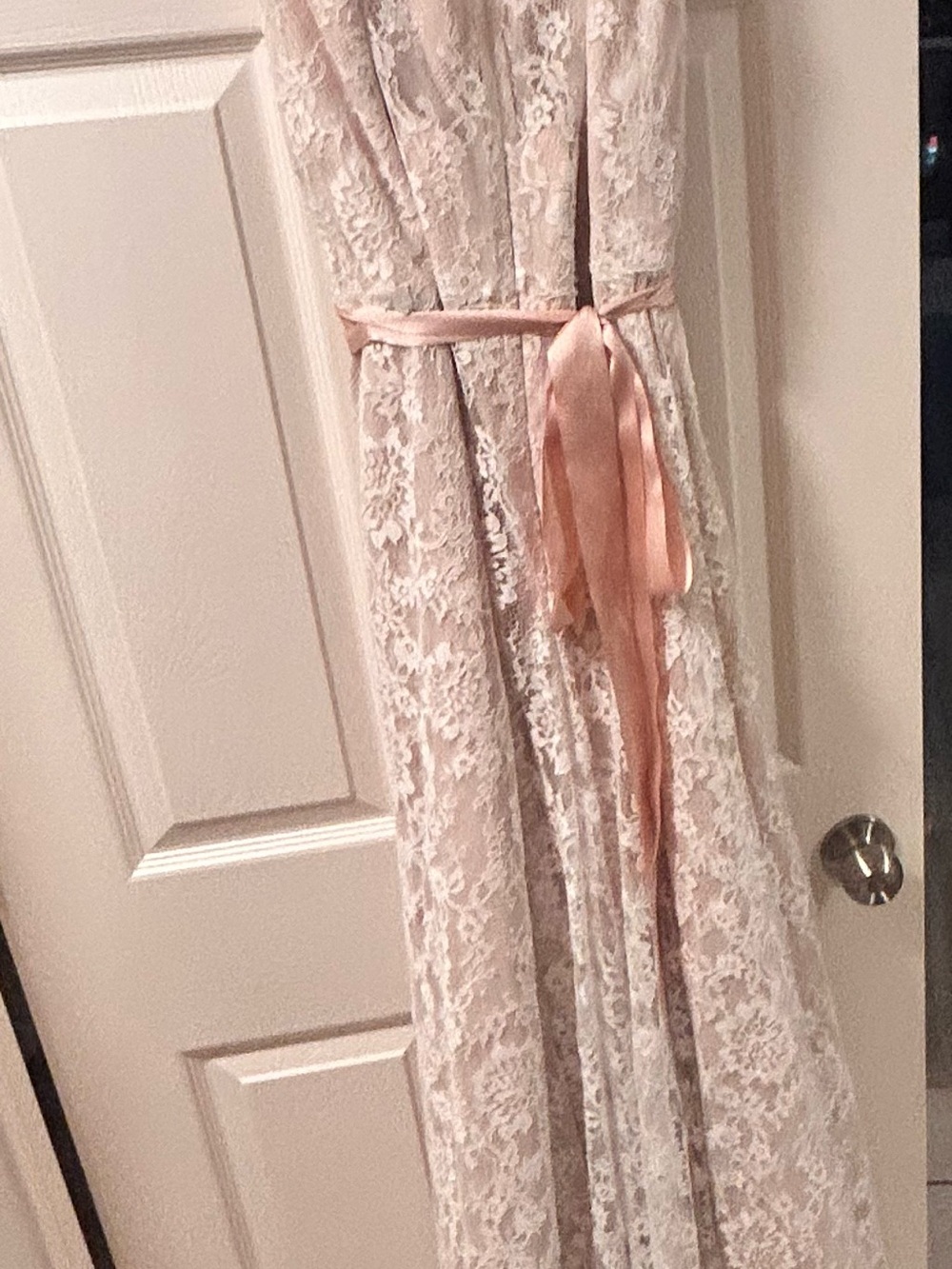 Watters Blush Lace Gown with Satin Waist Tie